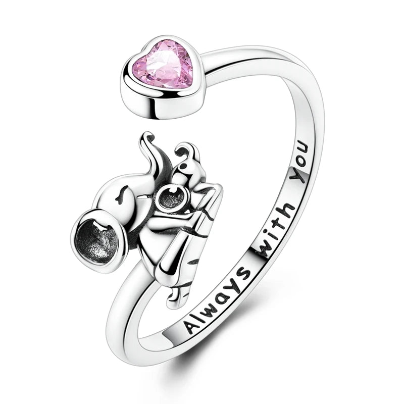 925 Sterling Silver Elephant Mother & Baby Open Adjustable Animal Ring