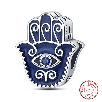 925 Sterling Silver Evil Eye & Hamsa Charms – Blue CZ Protection Beads for Bracelet or Necklace