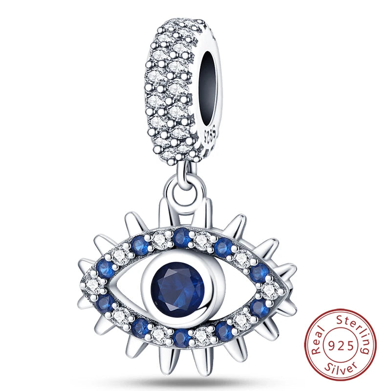 925 Sterling Silver Evil Eye & Hamsa Charms – Blue CZ Protection Beads for Bracelet or Necklace