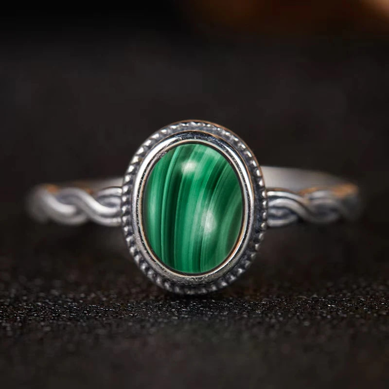 Vintage Natural Malachite Sun & Flower Ring in 925 Sterling Silver