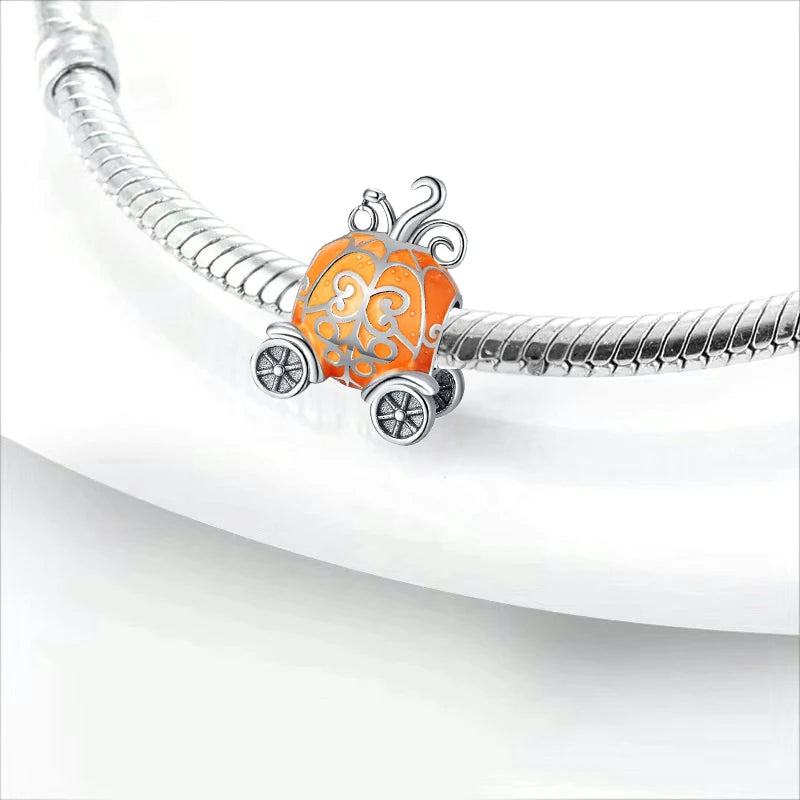 925 Sterling Silver Halloween Charm – Pumpkin Wagon & Magic Hat Bead for Bracelet or Pendant