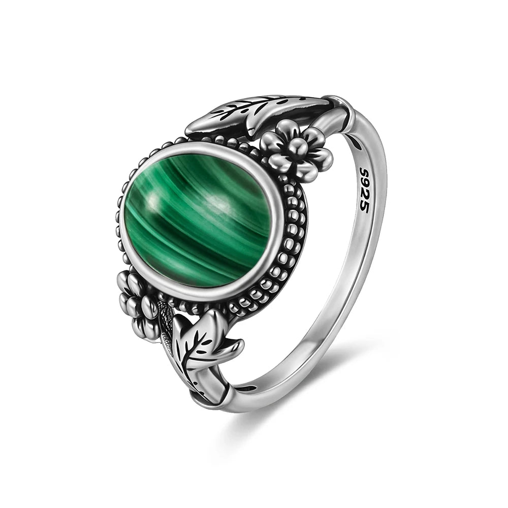 Vintage Natural Malachite Sun & Flower Ring in 925 Sterling Silver