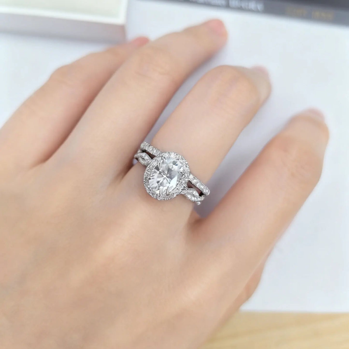 Oval Cut Moissanite Halo Engagement Ring Set with Lab-Grown Diamond Accents – 925 Sterling Silver Bridal Set