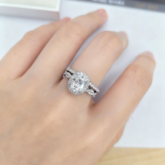 Oval Cut Moissanite Halo Engagement Ring Set with Lab-Grown Diamond Accents – 925 Sterling Silver Bridal Set