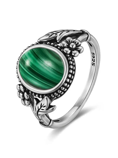 Vintage Natural Malachite Sun & Flower Ring in 925 Sterling Silver