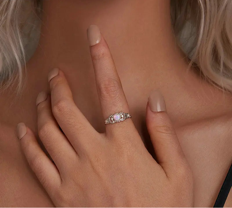 925 Sterling Silver Vintage Vine Ring with Pink Fire Opal