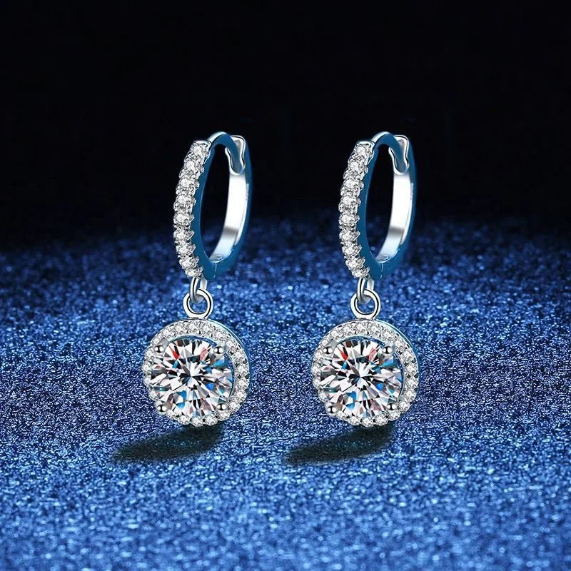 Halo Drop Hoop Earrings with Round Brilliant Stone – 925 Sterling Silver Dangle Earrings