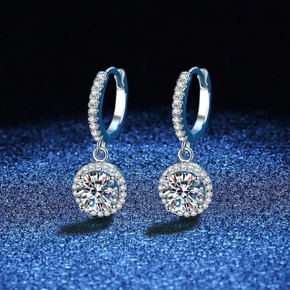 Halo Drop Hoop Earrings with Round Brilliant Stone – 925 Sterling Silver Dangle Earrings