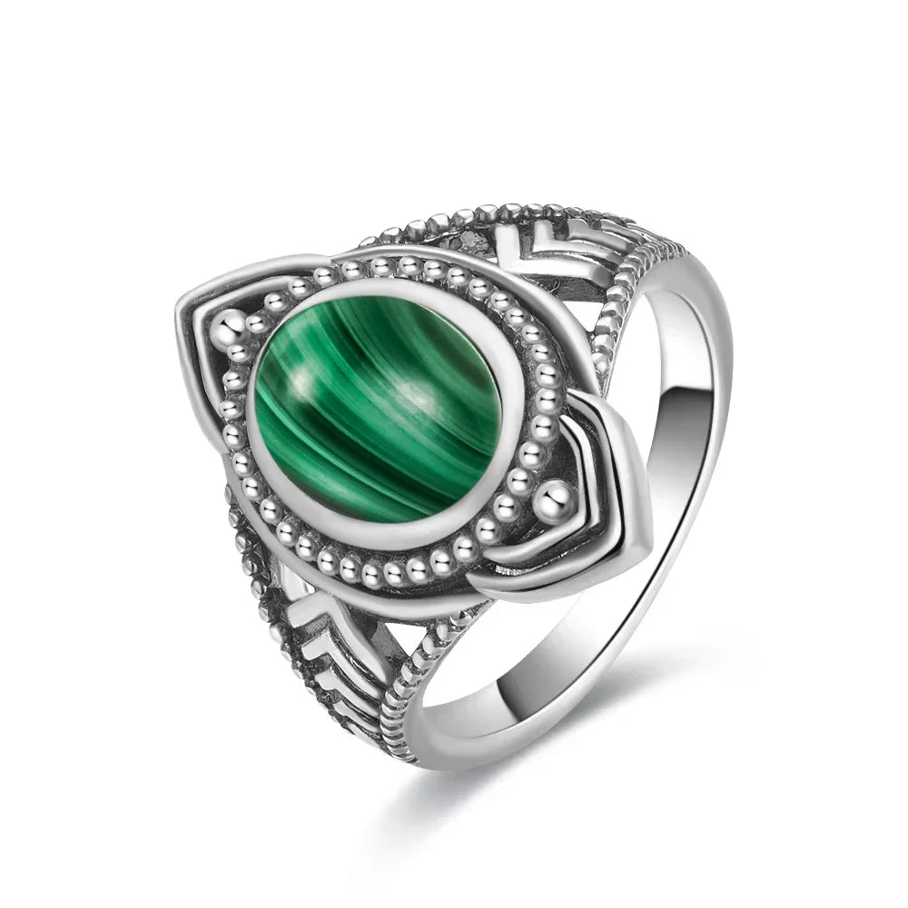 Vintage Natural Malachite Sun & Flower Ring in 925 Sterling Silver