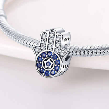 925 Sterling Silver Evil Eye & Hamsa Charms – Blue CZ Protection Beads for Bracelet or Necklace