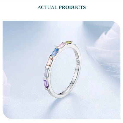 Rainbow Baguette Eternity Ring in 925 Sterling Silver – Dainty Stackable Band
