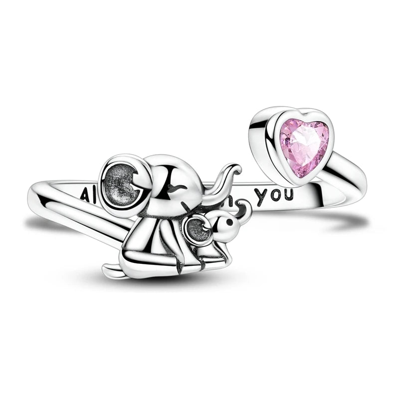 925 Sterling Silver Elephant Mother & Baby Open Adjustable Animal Ring