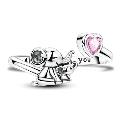 925 Sterling Silver Elephant Mother & Baby Open Adjustable Animal Ring