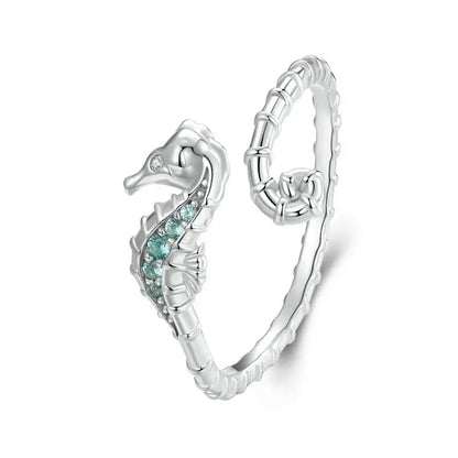 Ocean-Inspired Adjustable Ring in 925 Sterling Silver – Starfish, Turtle, Wave & Opal Designs