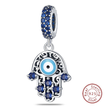 925 Sterling Silver Evil Eye & Hamsa Charms – Blue CZ Protection Beads for Bracelet or Necklace