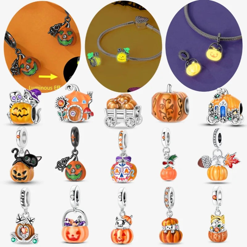 Luminous Pumpkin Charm Collection in 925 Sterling Silver – Glow-in-the-Dark Bracelet Charms