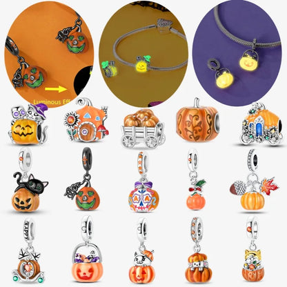 Luminous Pumpkin Charm Collection in 925 Sterling Silver – Glow-in-the-Dark Bracelet Charms