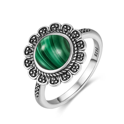 Vintage Natural Malachite Sun & Flower Ring in 925 Sterling Silver