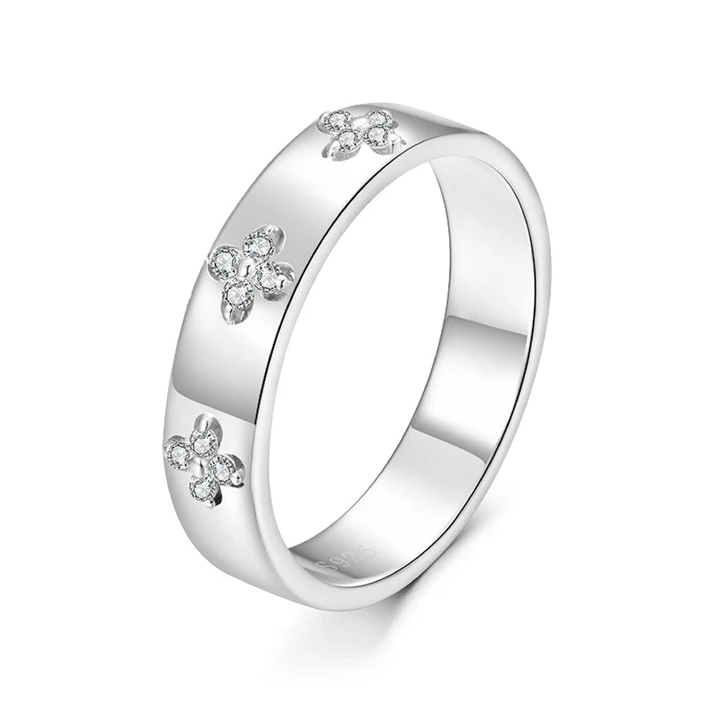 925 Sterling Silver Lucky Clover Moissanite Ring – Gold Plated Wide Band