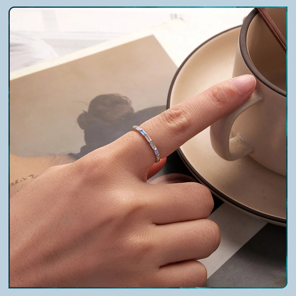 Rainbow Baguette Eternity Ring in 925 Sterling Silver – Dainty Stackable Band