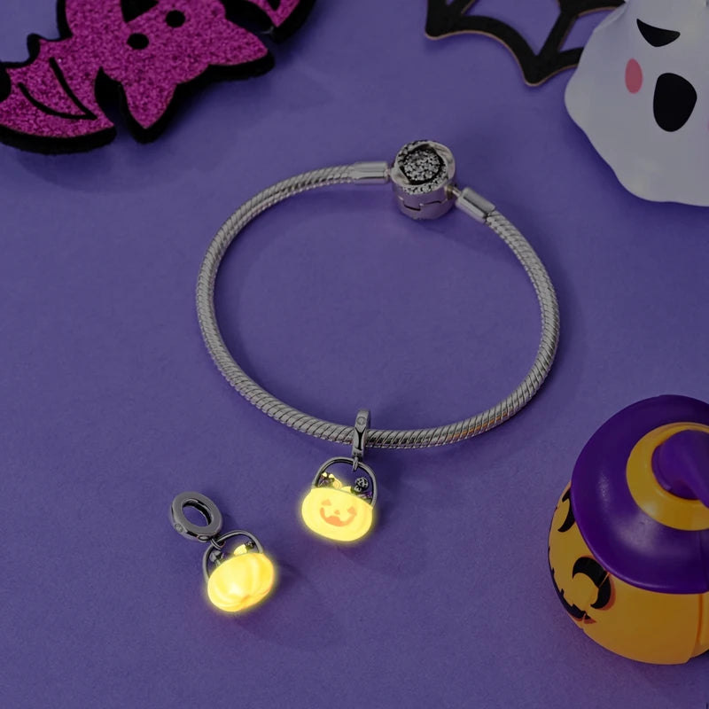 Luminous Pumpkin Charm Collection in 925 Sterling Silver – Glow-in-the-Dark Bracelet Charms