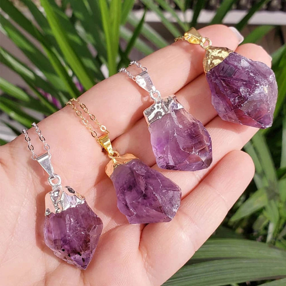 Natural Amethyst & Rose Quartz Raw Stone Pendant Necklace