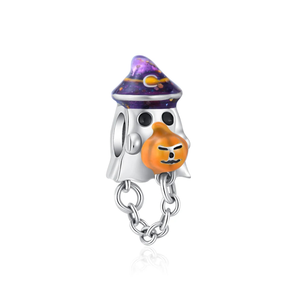 925 Sterling Silver Halloween Charm – Pumpkin Wagon & Magic Hat Bead for Bracelet or Pendant