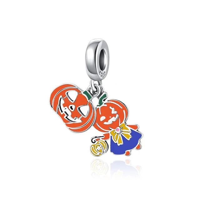 925 Sterling Silver Halloween Charm – Pumpkin Wagon & Magic Hat Bead for Bracelet or Pendant