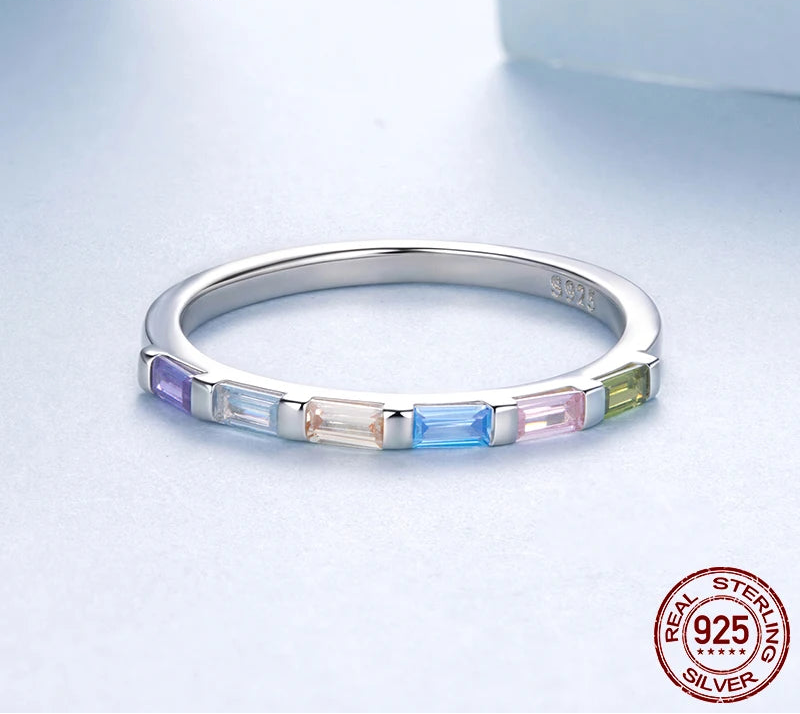 Rainbow Baguette Eternity Ring in 925 Sterling Silver – Dainty Stackable Band