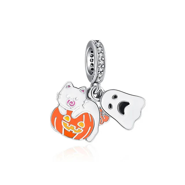 925 Sterling Silver Halloween Charm – Pumpkin Wagon & Magic Hat Bead for Bracelet or Pendant