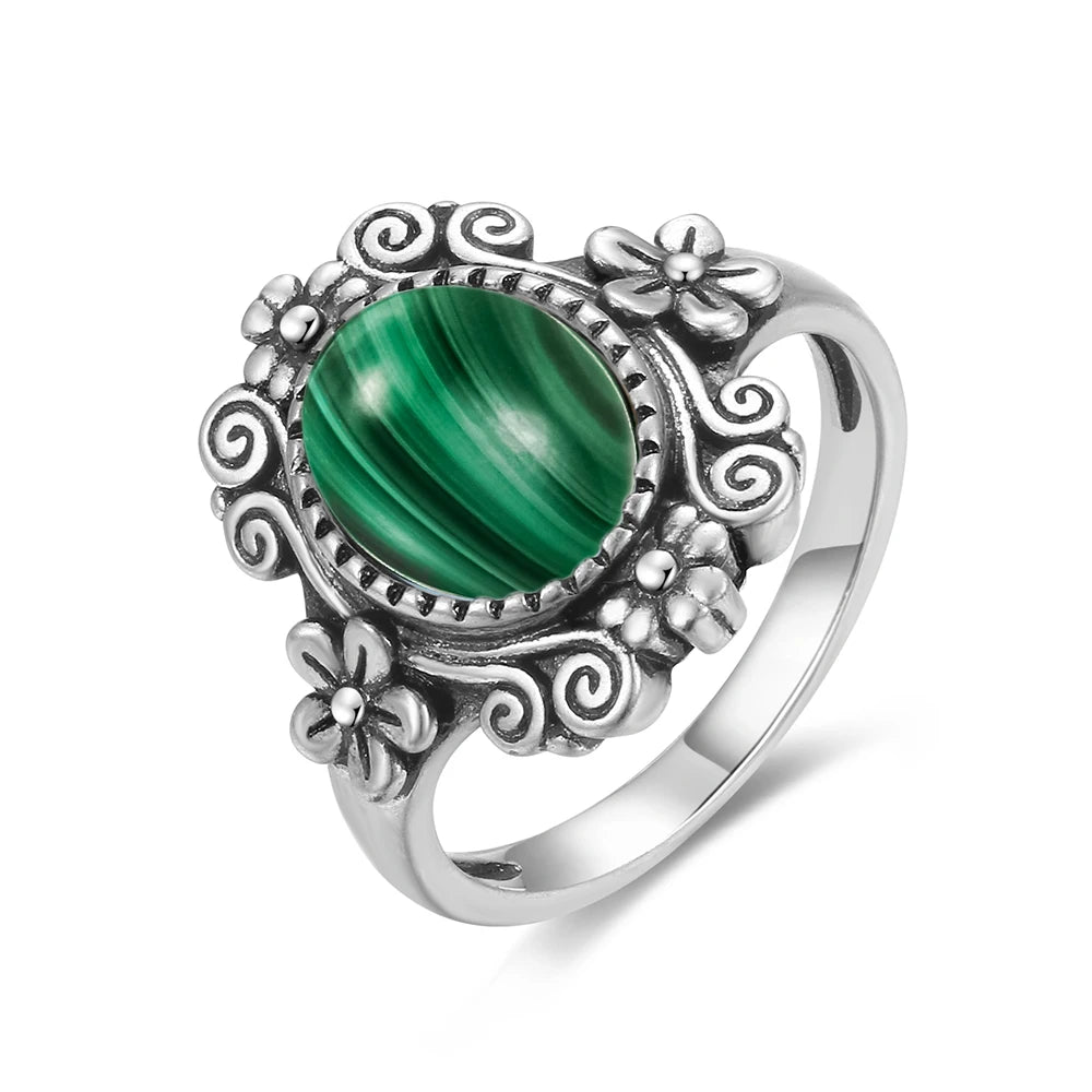 Vintage Natural Malachite Sun & Flower Ring in 925 Sterling Silver