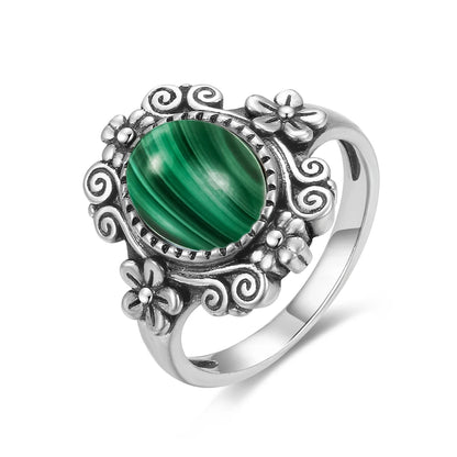 Vintage Natural Malachite Sun & Flower Ring in 925 Sterling Silver