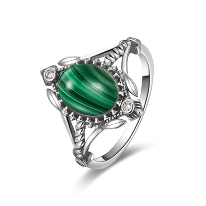 Vintage Natural Malachite Sun & Flower Ring in 925 Sterling Silver