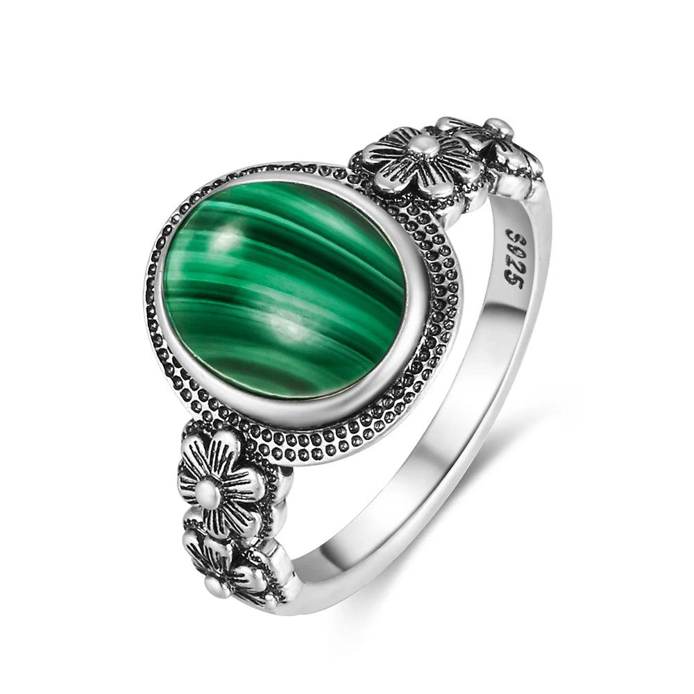 Vintage Natural Malachite Sun & Flower Ring in 925 Sterling Silver