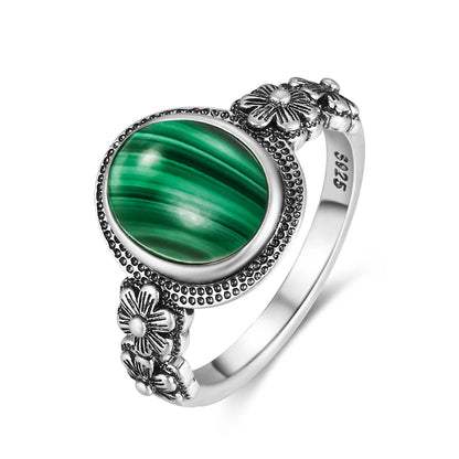 Vintage Natural Malachite Sun & Flower Ring in 925 Sterling Silver