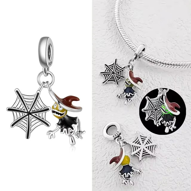 925 Sterling Silver Halloween Charm – Pumpkin Wagon & Magic Hat Bead for Bracelet or Pendant