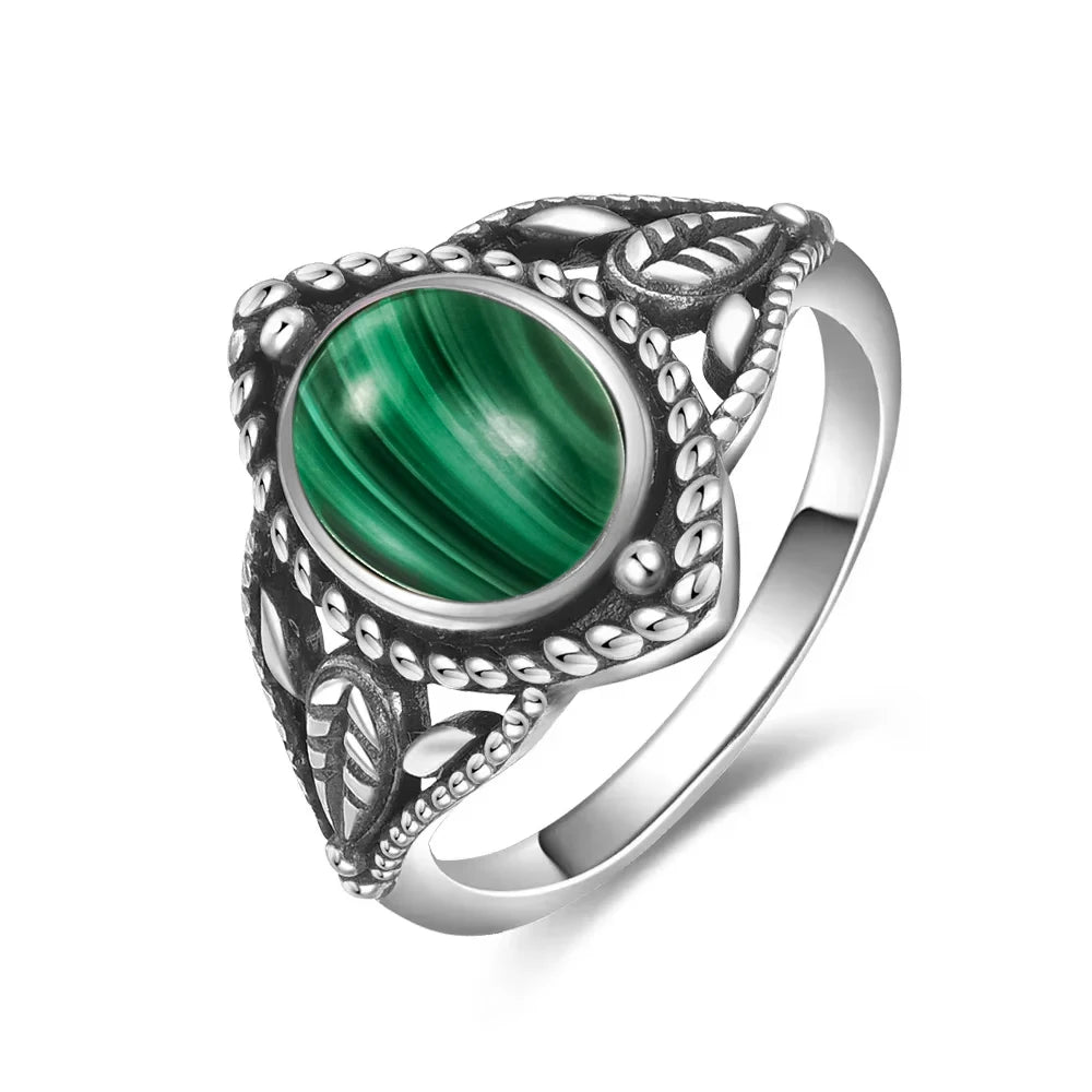 Vintage Natural Malachite Sun & Flower Ring in 925 Sterling Silver
