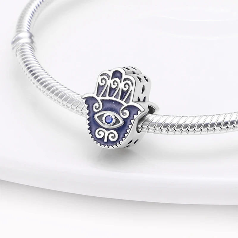 925 Sterling Silver Evil Eye & Hamsa Charms – Blue CZ Protection Beads for Bracelet or Necklace