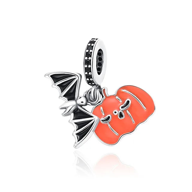 925 Sterling Silver Halloween Charm – Pumpkin Wagon & Magic Hat Bead for Bracelet or Pendant