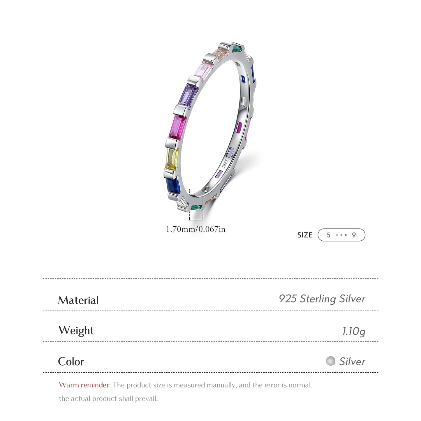 925 Sterling Silver Rainbow Emerald Cut CZ Ring