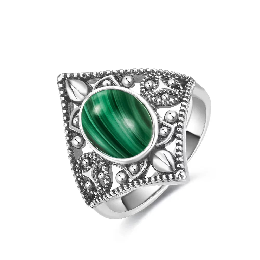 Vintage Natural Malachite Sun & Flower Ring in 925 Sterling Silver