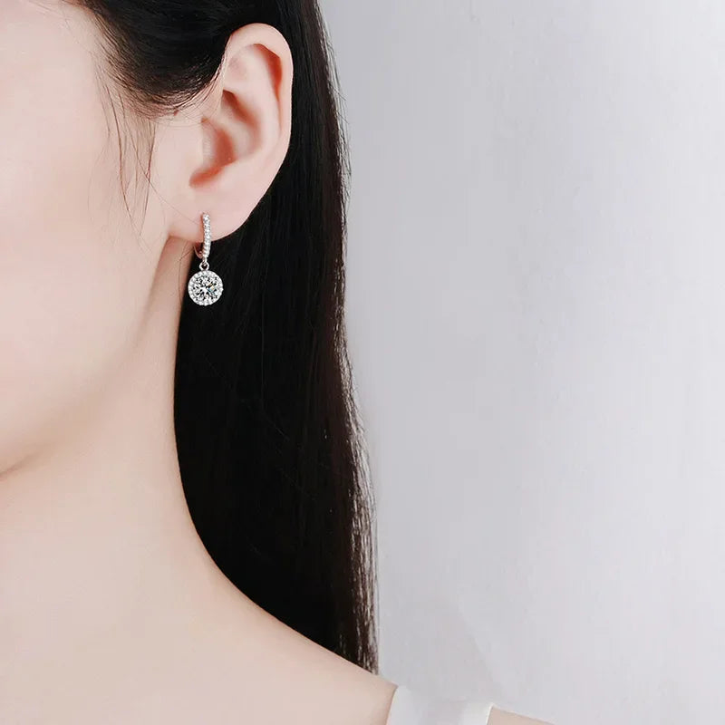 Halo Drop Hoop Earrings with Round Brilliant Stone – 925 Sterling Silver Dangle Earrings