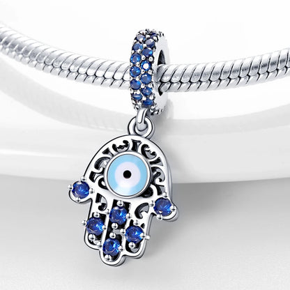 925 Sterling Silver Evil Eye & Hamsa Charms – Blue CZ Protection Beads for Bracelet or Necklace