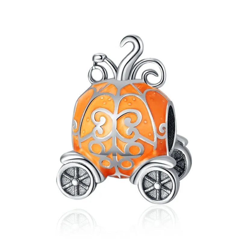 925 Sterling Silver Halloween Charm – Pumpkin Wagon & Magic Hat Bead for Bracelet or Pendant
