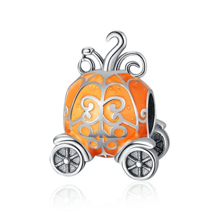 925 Sterling Silver Halloween Charm – Pumpkin Wagon & Magic Hat Bead for Bracelet or Pendant