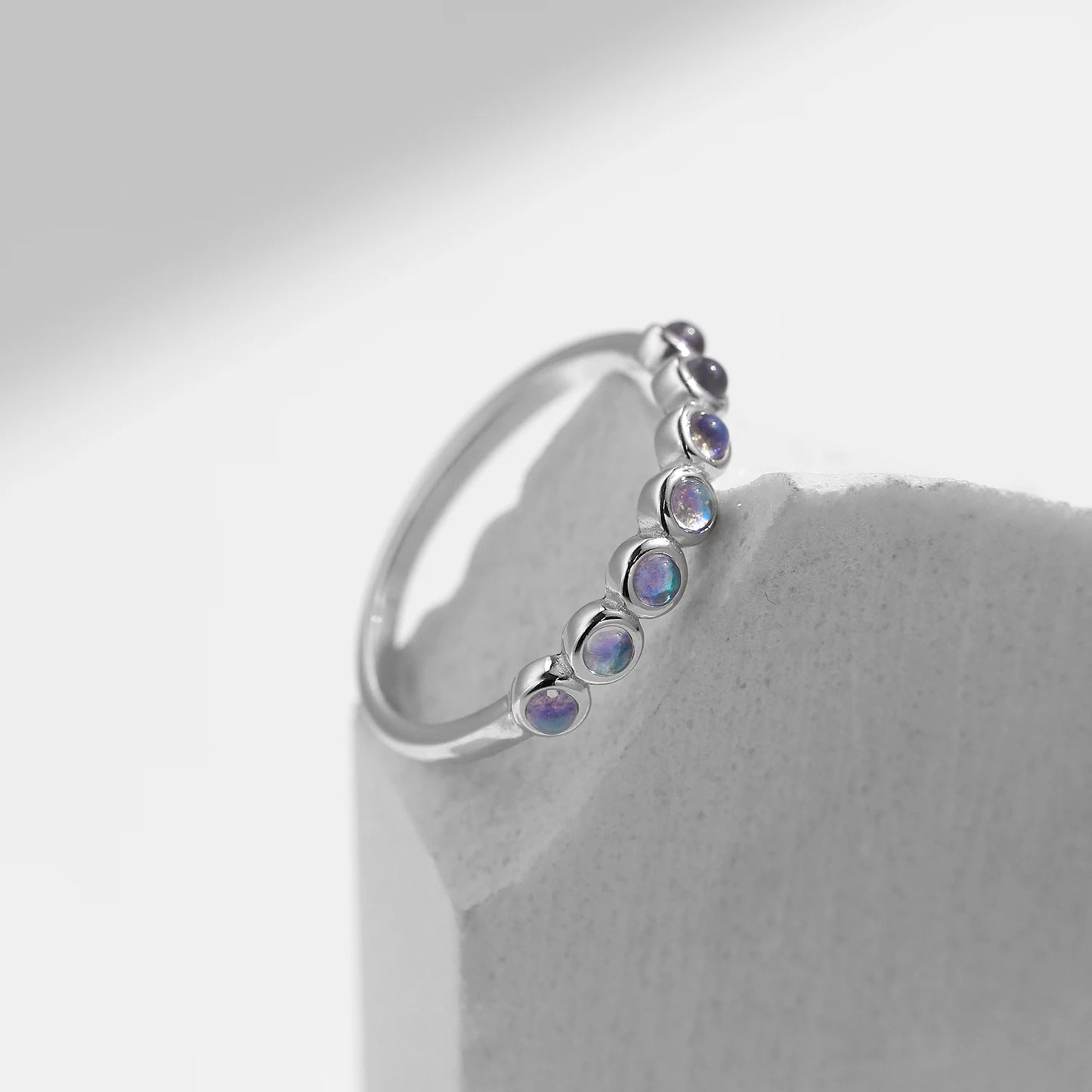 Round Moonstone Half-Eternity Band in 925 Sterling Silver – Stackable Bezel Ring
