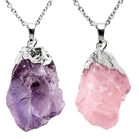 Natural Amethyst & Rose Quartz Raw Stone Pendant Necklace