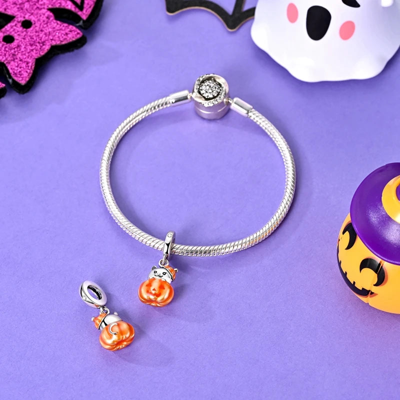 Luminous Pumpkin Charm Collection in 925 Sterling Silver – Glow-in-the-Dark Bracelet Charms