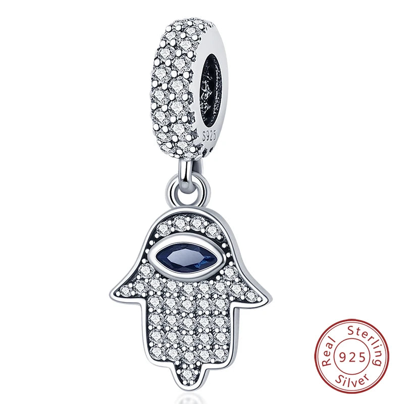 925 Sterling Silver Evil Eye & Hamsa Charms – Blue CZ Protection Beads for Bracelet or Necklace