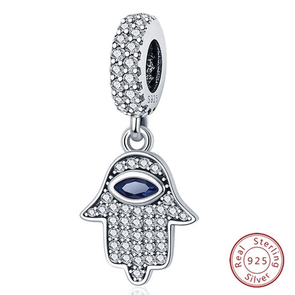 925 Sterling Silver Evil Eye & Hamsa Charms – Blue CZ Protection Beads for Bracelet or Necklace